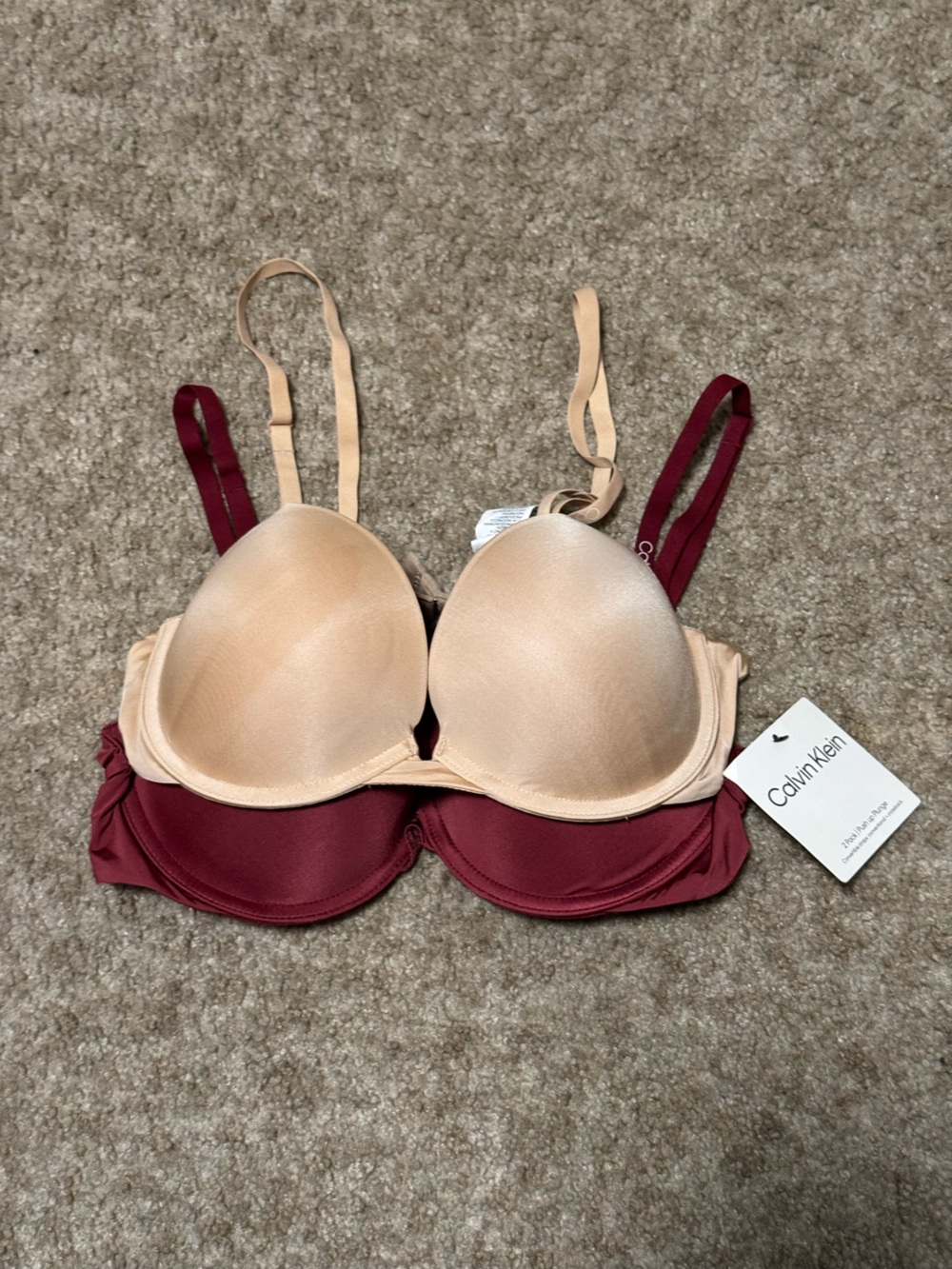 NWT Calvin Klein Two Pack Padded Push Up Plunge T-Shirt Bra - Nude & Burgundy